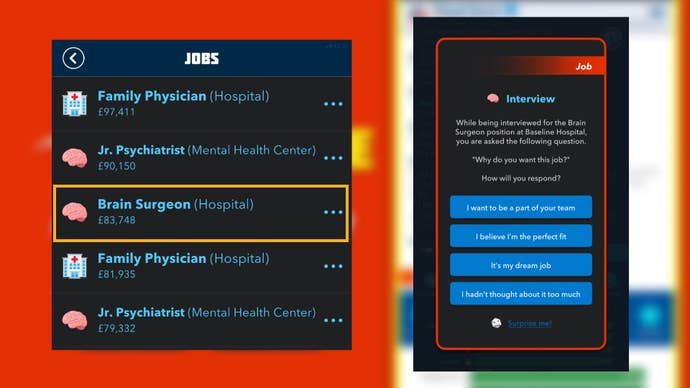 The Brain Surgeon job and one of the interview questions for the role is shown in Bitlife