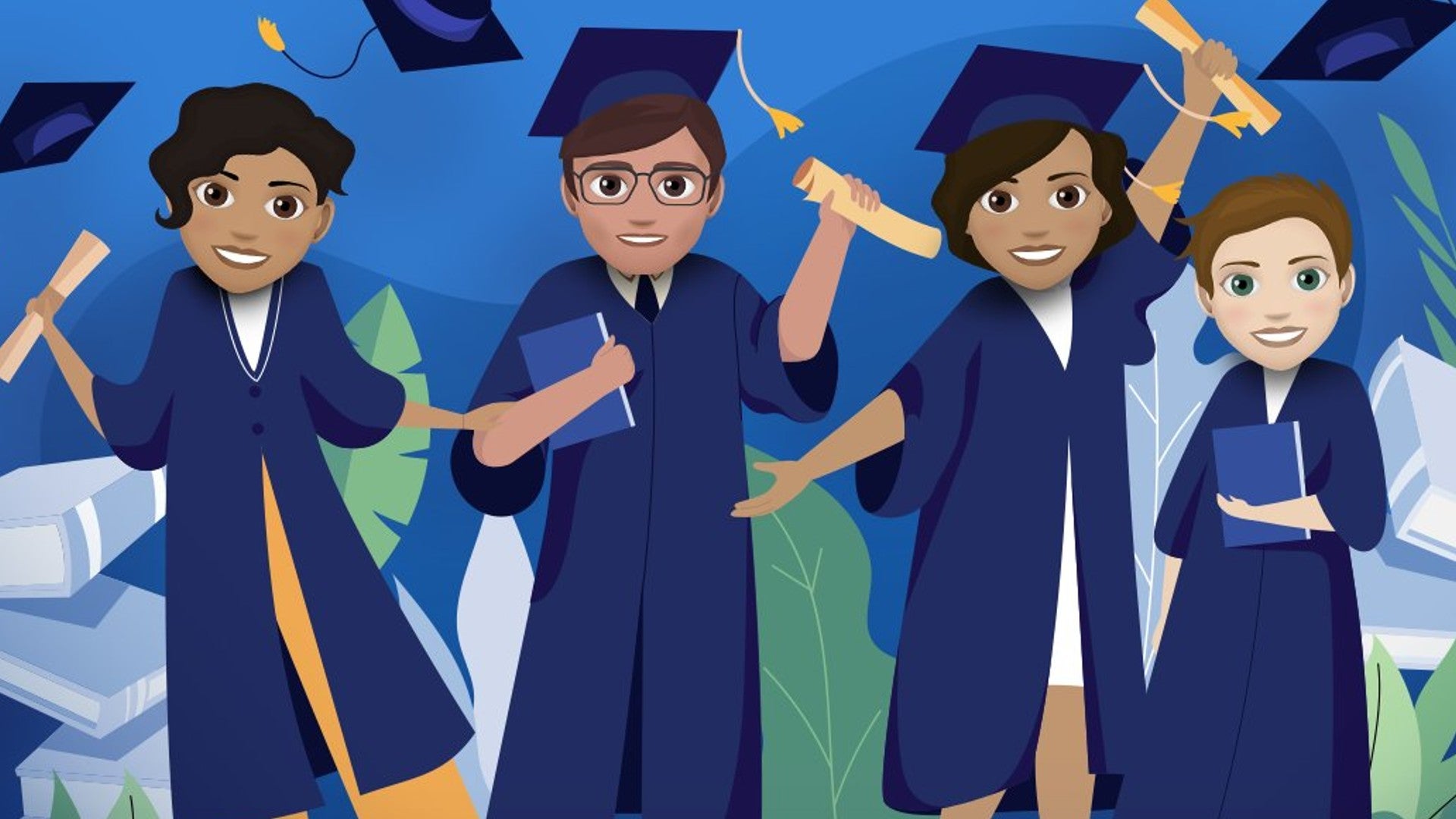Four characters can be seen graduating from university in Bitlife artwork - 1