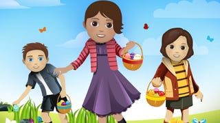 Three characters can be seen in a field holding baskets of eggs in Bitlife artwork