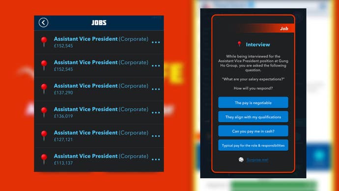 Various corporate jobs as Assistant Vice President are shown alongside an interview for one in Bitlife