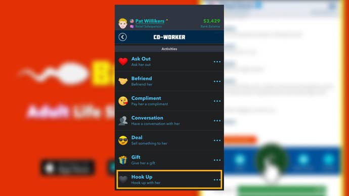 The option to hook up with a co-worker is circled in Bitlife