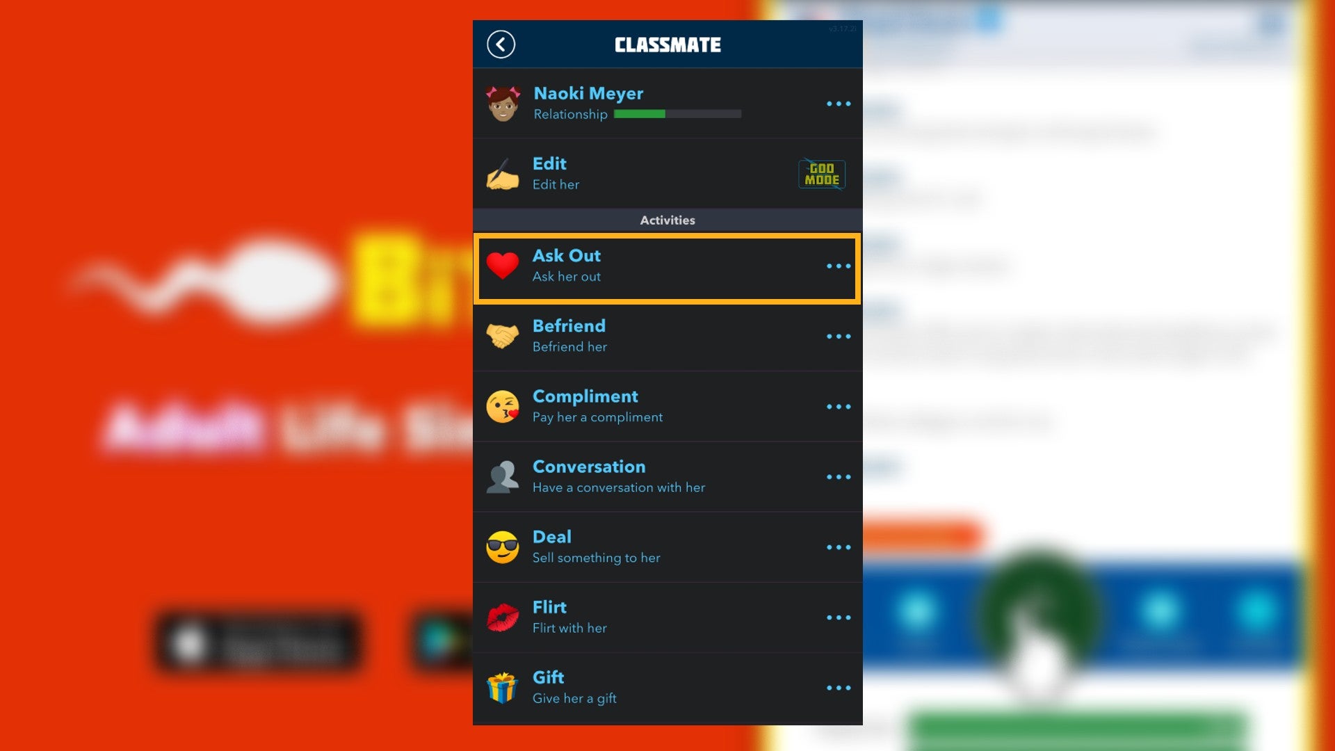 The player looks at interacting with one of their classmates in Bitlife, the 'Ask out' option is highlighted - 4
