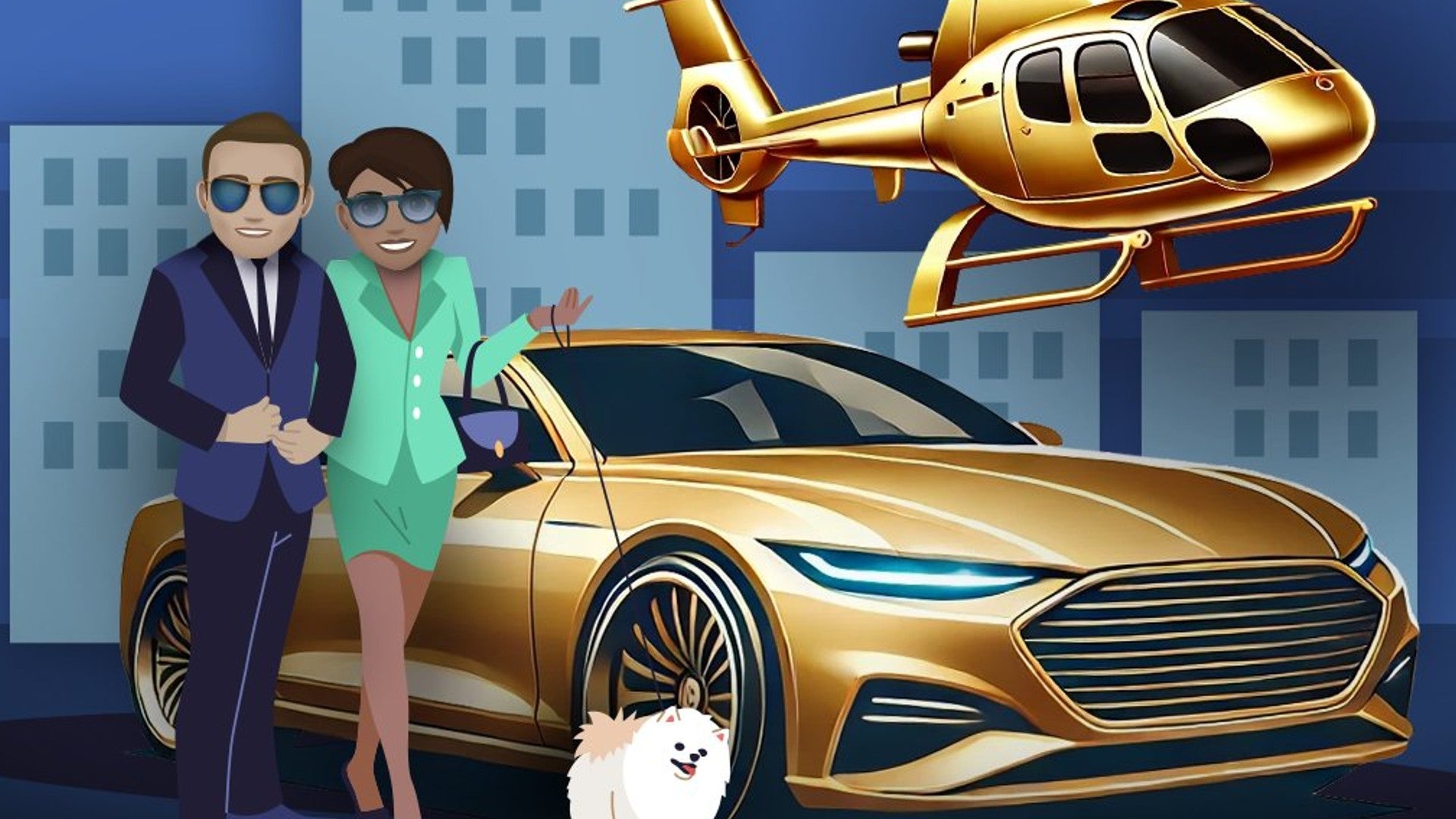 Two characters can be seen standing beside a dog, a golden car, and a golden helicopter in Bitlife artwork