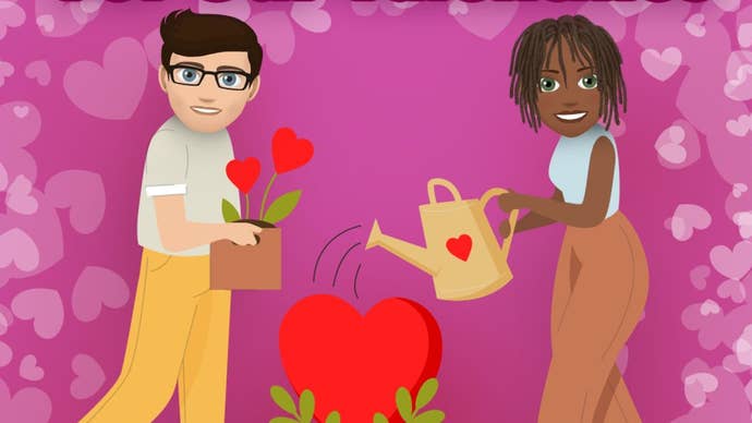 Two characters can be seen watering flowers together with a pink, heart-adorned background behind them in Bitlife artwork