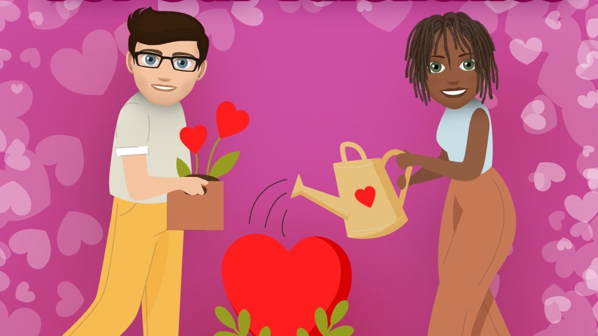 Two characters can be seen watering flowers together with a pink, heart-adorned background behind them in Bitlife artwork - 1