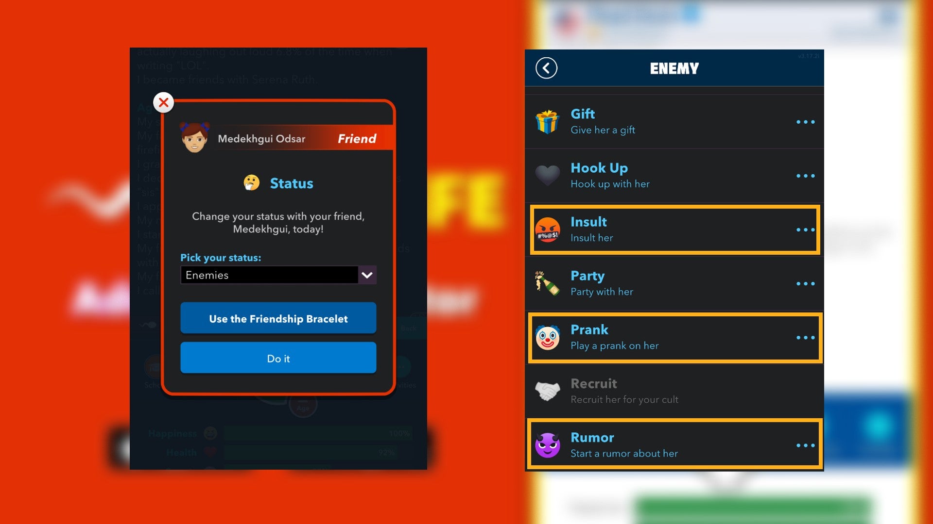 The 'change status' option for friends is shown in Bitlife, alongside a list of activities players can do to a friend to make them an enemy - 3