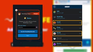 The 'change status' option for friends is shown in Bitlife, alongside a list of activities players can do to a friend to make them an enemy