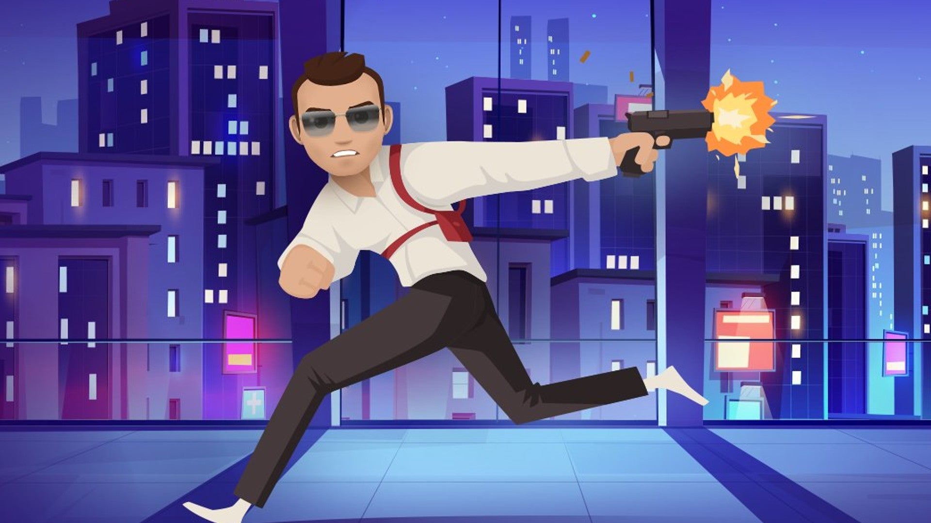 A character can be seen running through a building with a gun with a cityscape behind him in Bitlife artwork - 1