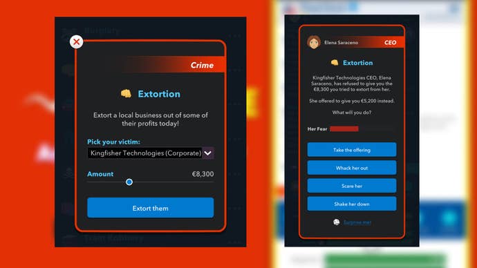 The player, part of the Sicilian Mafia, extorts a CEO for money in Bitlife