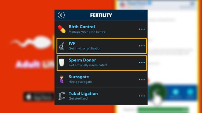 Different options for conceiving a child are shown in Bitlife, with the options that have higher chances of concieving twins or triplets being circled in yellow
