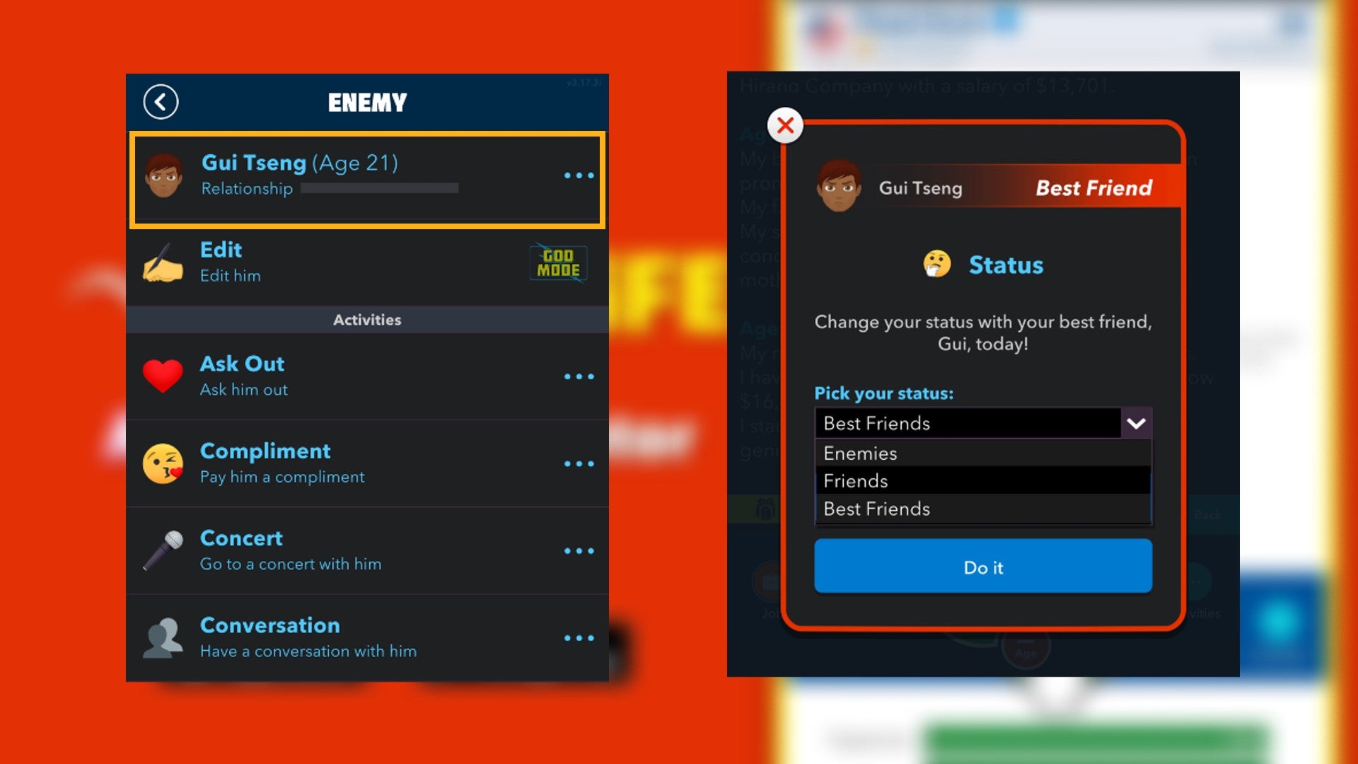 The player looks at adjusting the friendship status of one of their friends in Bitlife - 6