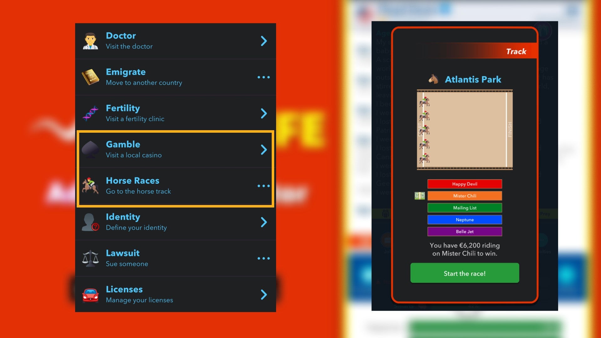 The activity options to gamble or attend the horse races are shown alongside a screenshot of a horse race in Bitlife - 3