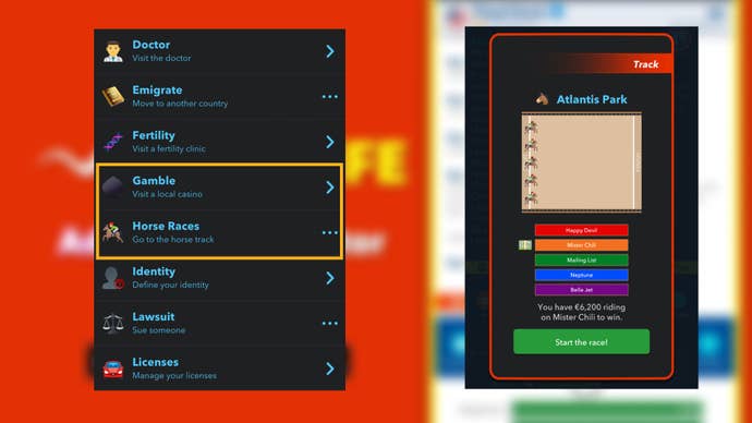 The activity options to gamble or attend the horse races are shown alongside a screenshot of a horse race in Bitlife