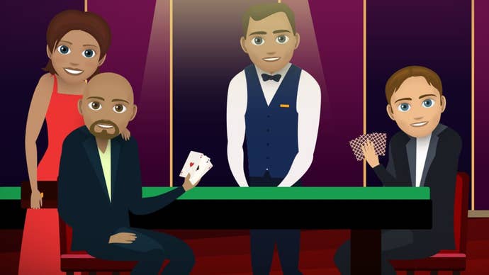 Four people can be seen sitting around a poker table in Bitlife artwork