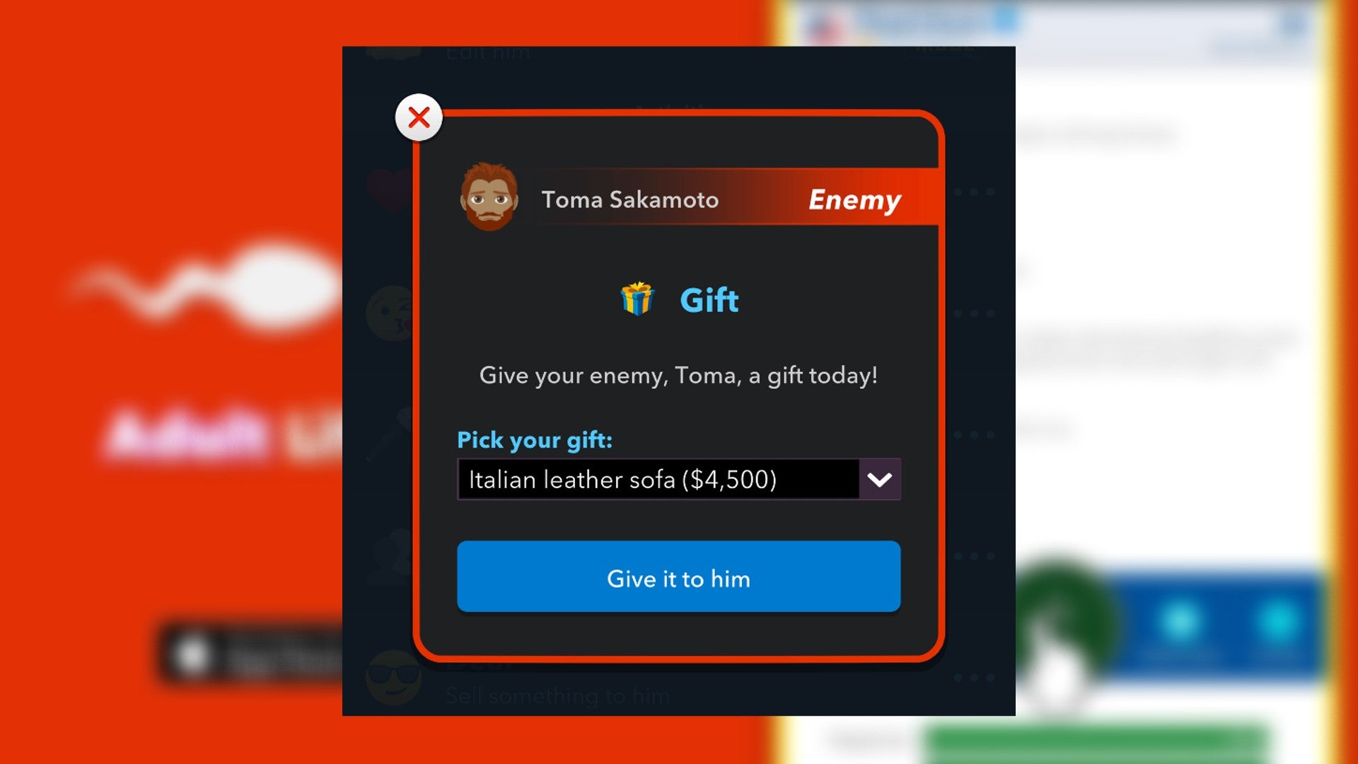 The player looks at giving a gift to their enemy in Bitlife - 3