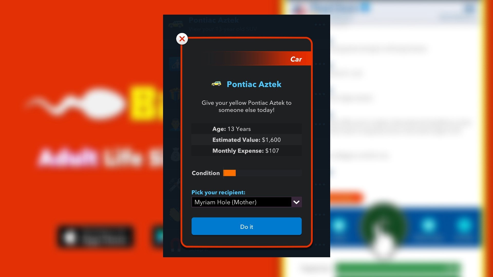 The player looks at giving away their car to a family member in Bitlife