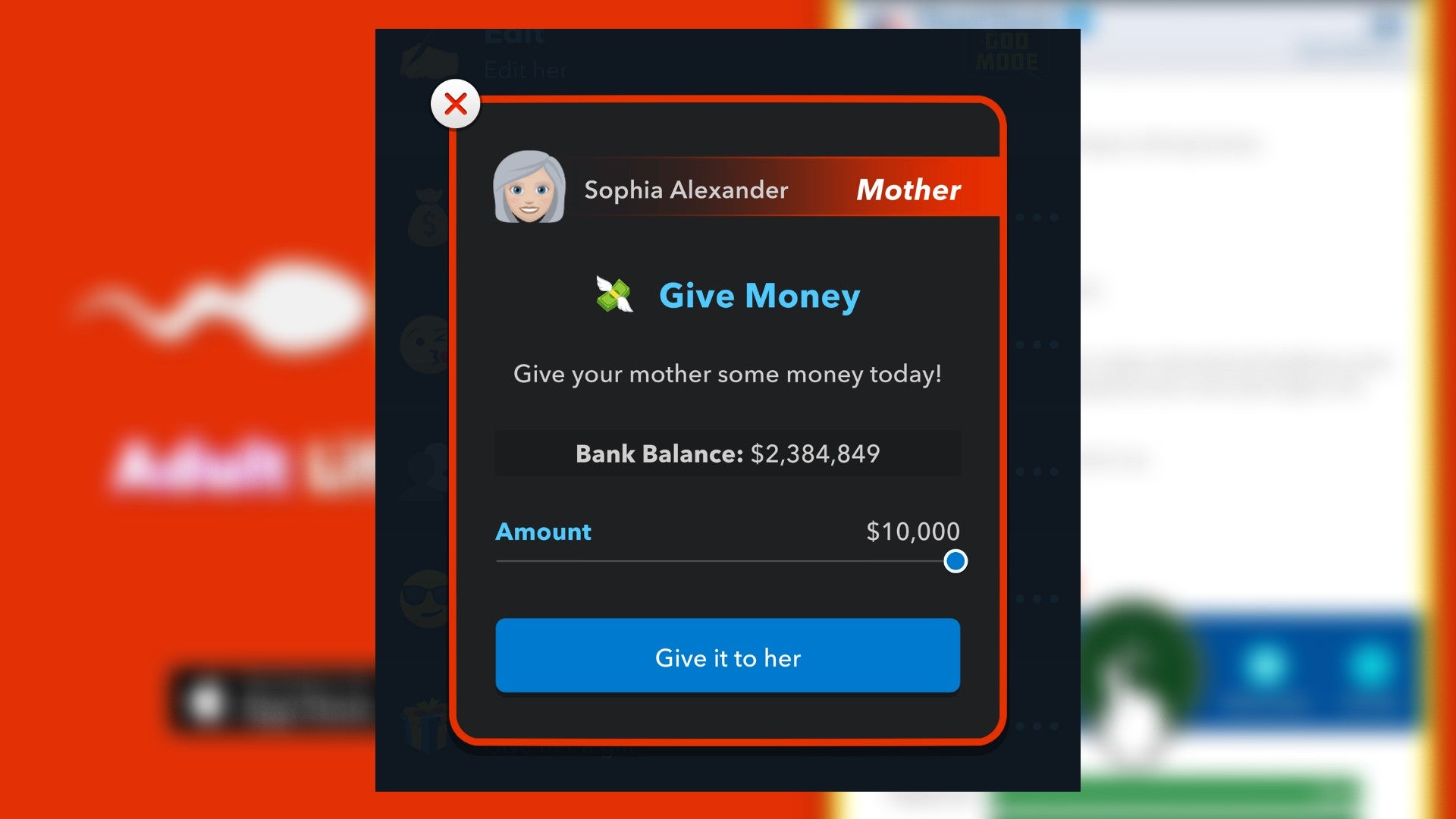 The player looks at giving away their money to a family member in Bitlife