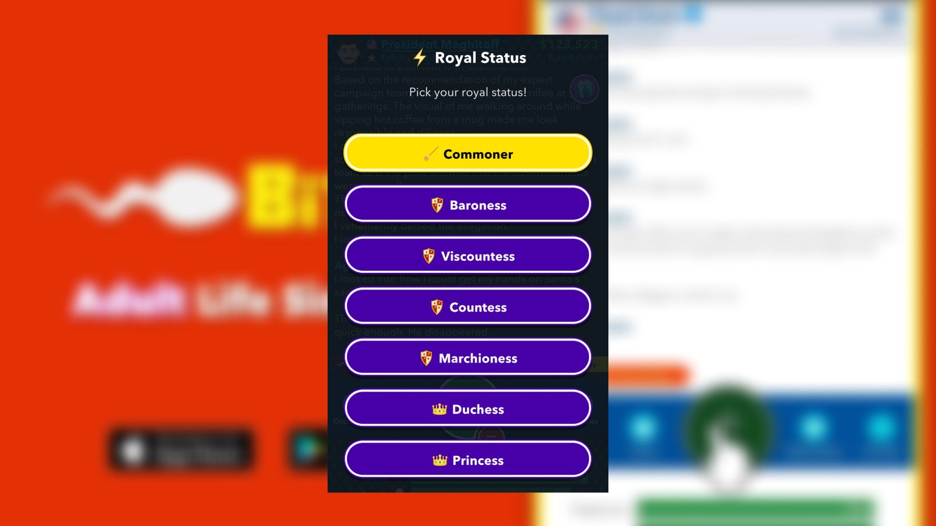 The list of royal status' available in the United Kingdom using God Mode in Bitlife are shown - 6
