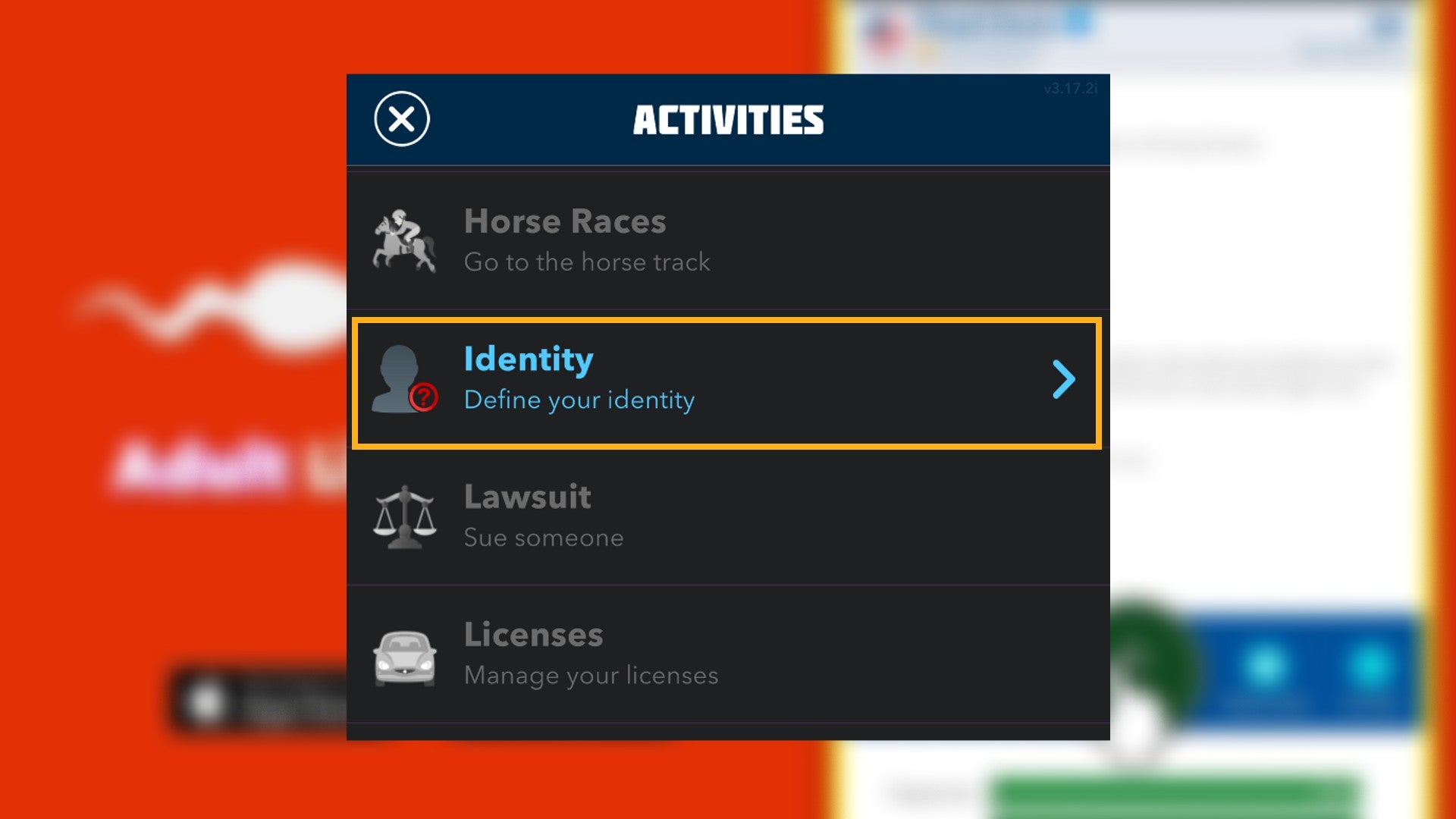 The Identity section of the Activities tab is labelled in Bitlife - 5