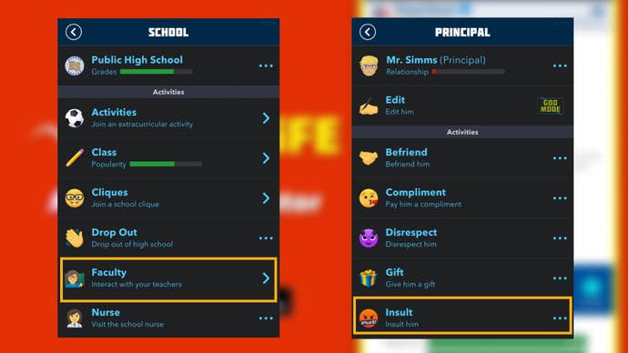 The player looks at interacting with their school’s principal in Bitlife, the ‘Insult’ option is highlighted