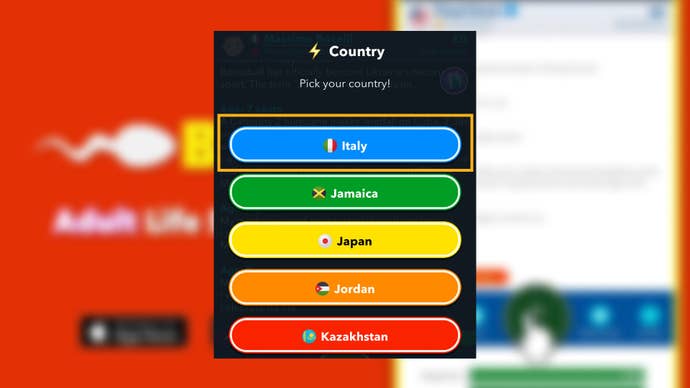The player looks at starting life out in Italy using God Mode in Bitlife