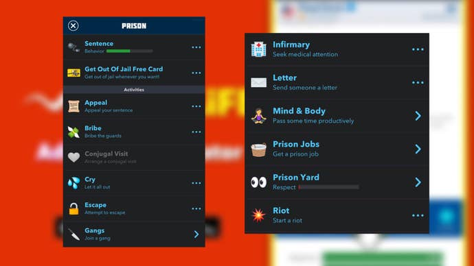 The various activities that a prison inmate can do whilst in prison in Bitlife are shown