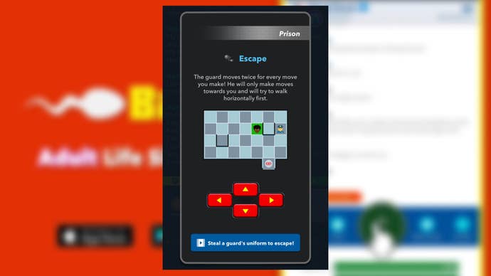 A minigame where an inmate must reach the exit without being caught by a prison guard is shown in Bitlife