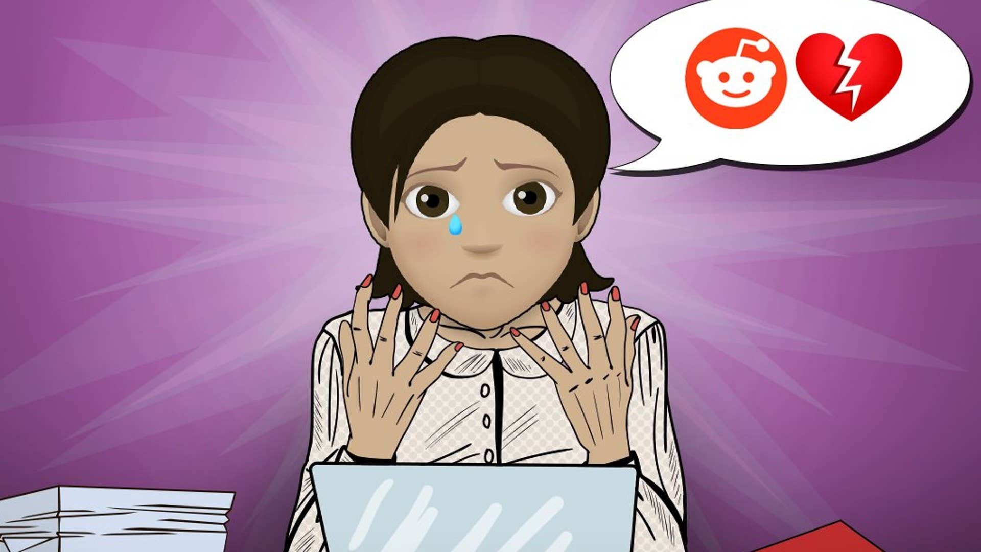 An upset character can be seen sat in front of a laptop with the Reddit logo and a broken heart in a speech bubble beside them in Bitlife artwork