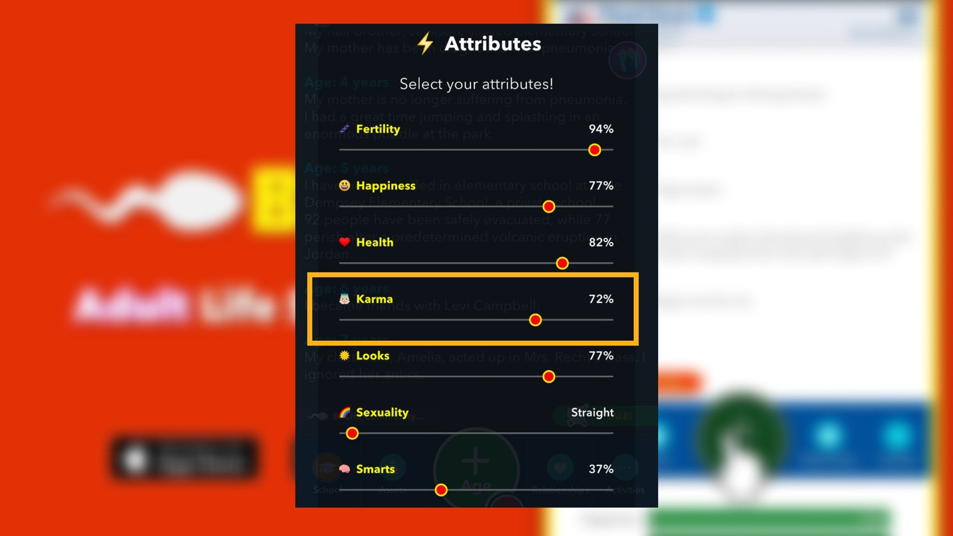 The Karma attribute is labelled during character creation - a God Mode feature - in Bitlife - 3