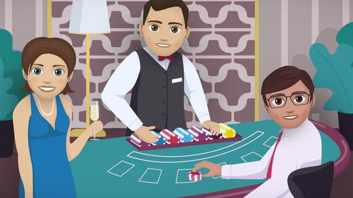 Two players and a dealer can be seen preparing for a card game in a casino in Bitlife artwork