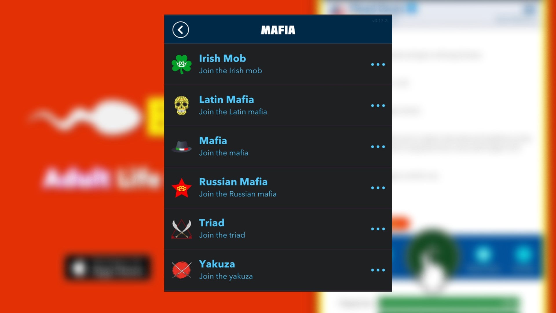 The various mafia's that players can join in Bitlife are shown - 4