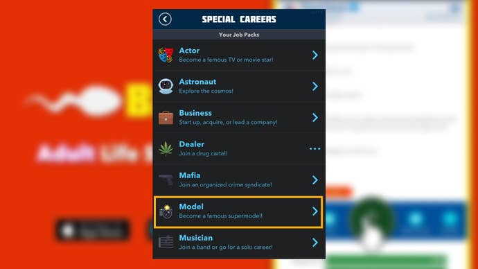 The Model career is shown under the Special Careers section of Bitlife