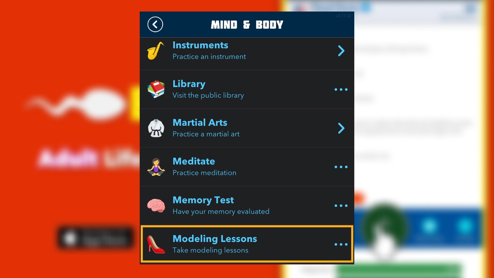 Modelling Lessons are shown under the Mind and Body section in Bitlife - 3