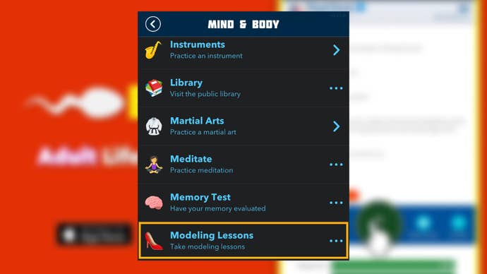 Modelling Lessons are shown under the Mind and Body section in Bitlife