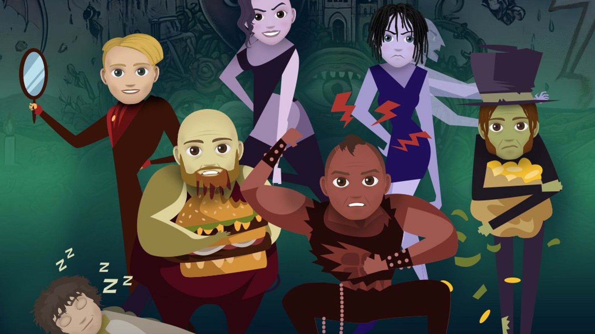 Human representations of the seven deadly sins are shown in Bitlife artwork - 1