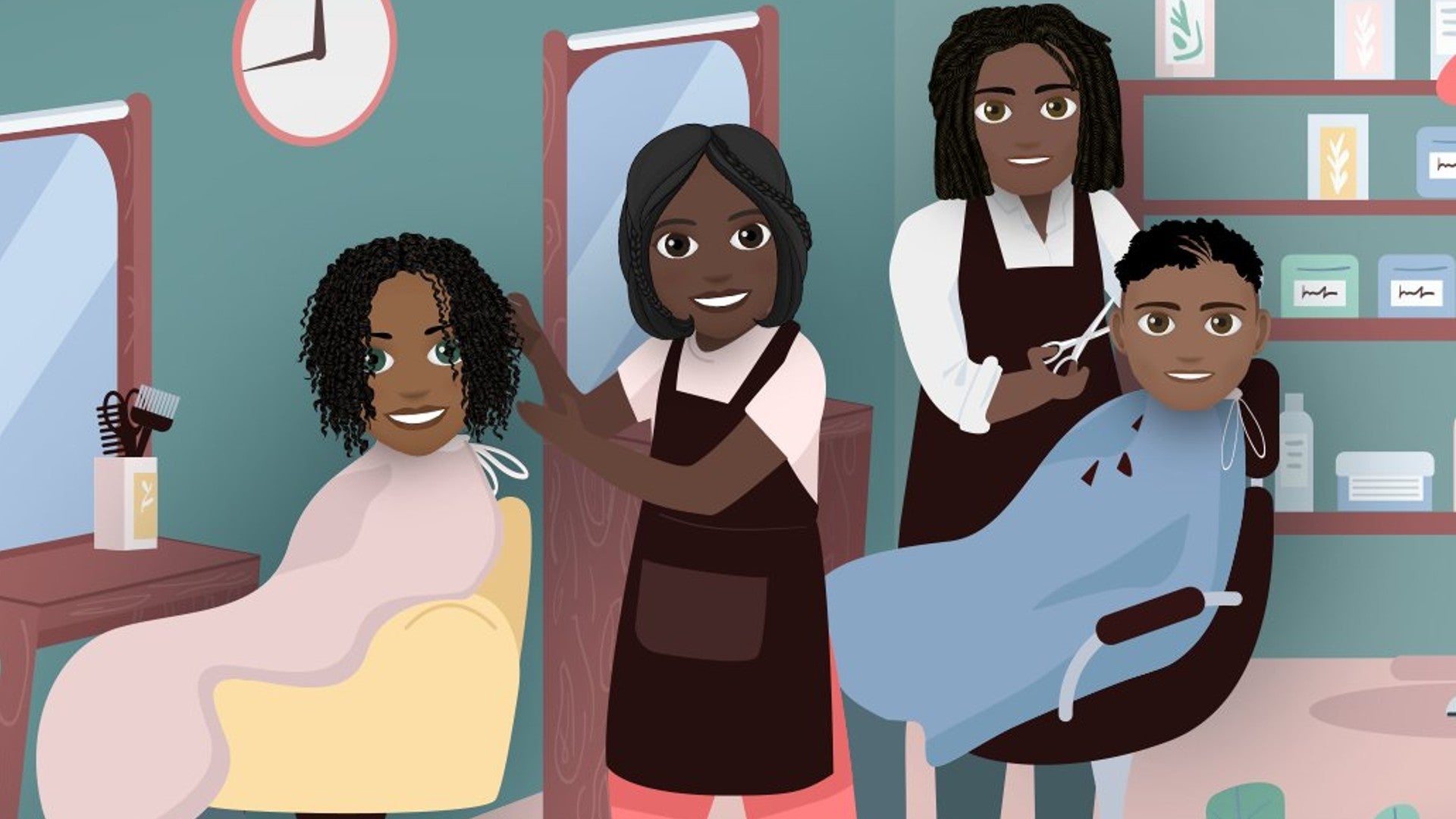 Four characters can be seen getting their hair cut or cutting hair in a salon in Bitlife artwork - 1