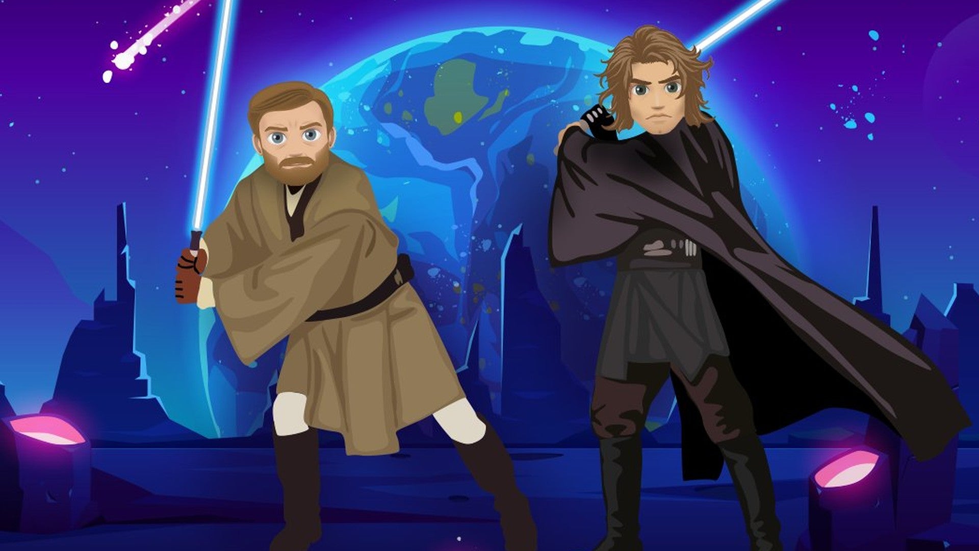 Two characters, representing Obi Wan Kenobi and Luke Skywalker, are shown wielding light sabers in Bitlife artwork