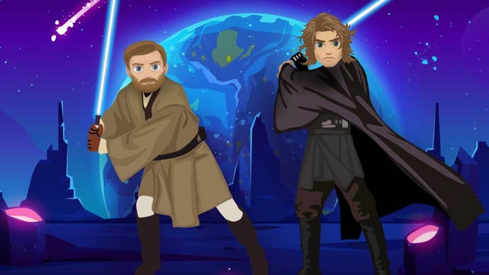 Two characters, representing Obi Wan Kenobi and Luke Skywalker, are shown wielding light sabers in Bitlife artwork