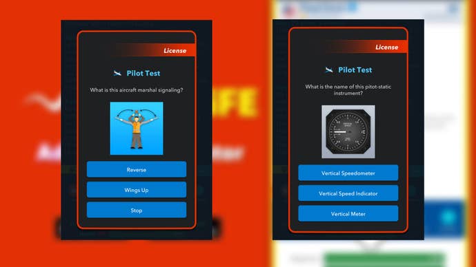 Two different questions featured in Bitlife’s Pilot Test are shown