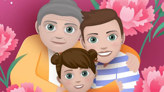 A family of three characters can be seen embracing one another with a floral backdrop in Bitlife artwork