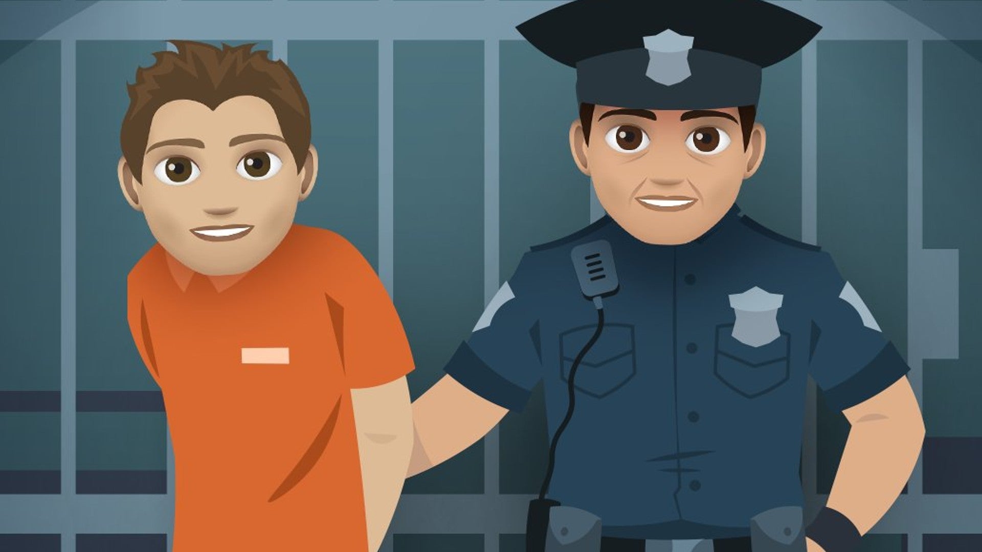A character can be seen in an orange jumpsuit, cuffed by a police officer in Bitlife artwork