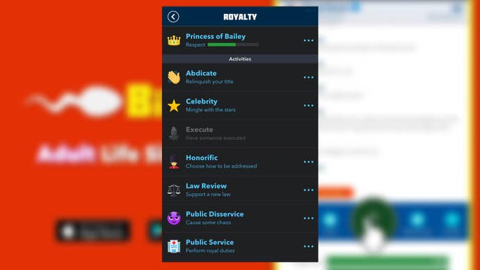 Bitlife shows various activities that a member of the royal family can participate in
