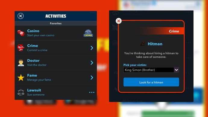 The Activities section of Bitlife is shown next to a player who is organizing an assassin to kill the players' father, the King