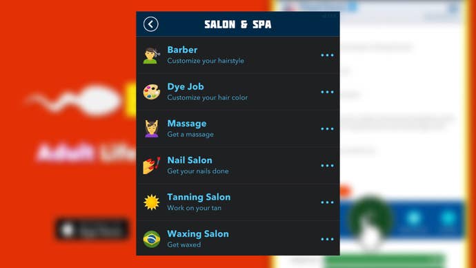 The list of options available at the Bitlife Salon and Spa is shown