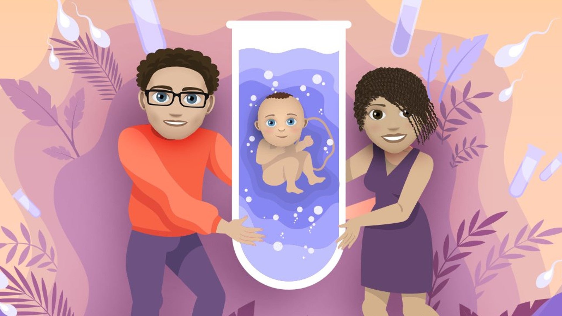 Two characters can be seen holding a test tube that has a baby inside of it in Bitlife artwork