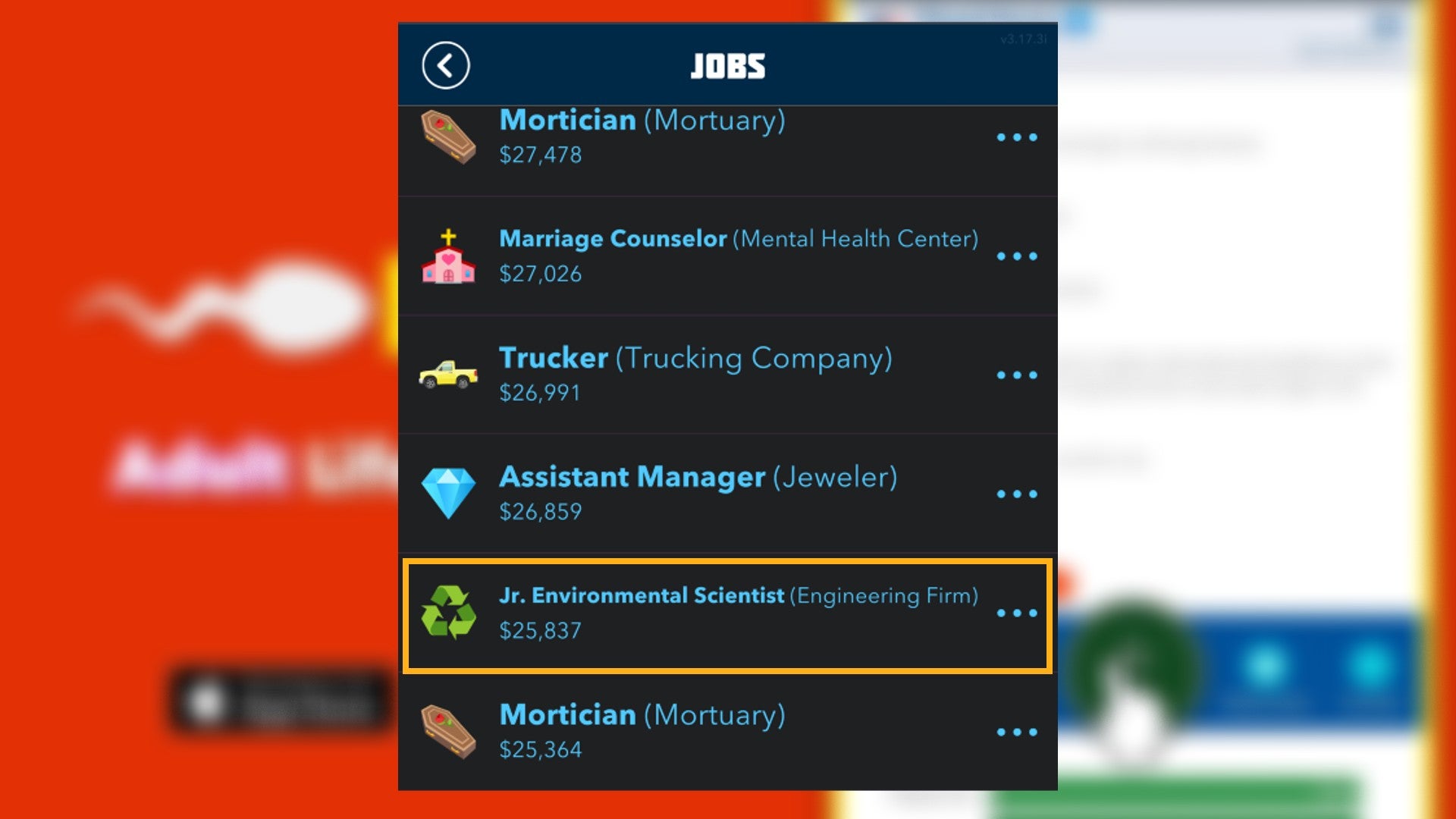 The Jr. Environmental Scientist job role is highlighted in the list of full-time job listings in Bitlife