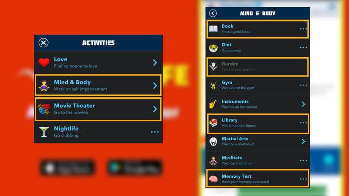 Various activities that can be used to boost the Smarts attribute in Bitlife are shown