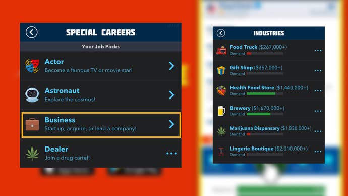 The options to start a business under ‘Special Careers’ is shown in Bitlife