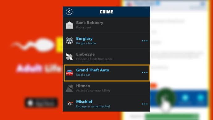 The player looks at ‘Grand Theft Auto’ - stealing a car - in Bitlife