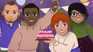 Four Bitlife characters can be seen celebrating with cake in Bitlife artwork